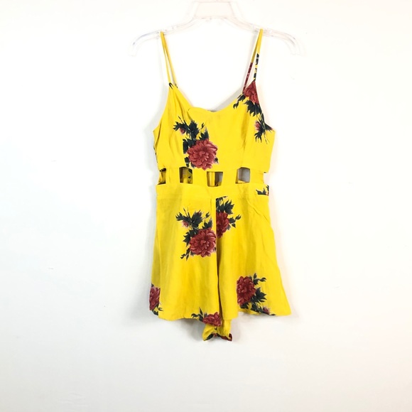 Topshop Yellow Floral Waist Cut Outs Colorful Sleeveless V Neck Romper - Picture 3 of 7